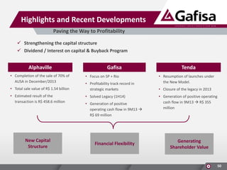 Highlights and Recent Developments
Paving the Way to Profitability
 Strengthening the capital structure
 Dividend / Interest on capital & Buyback Program

Alphaville
• Completion of the sale of 70% of
AUSA in December/2013
• Total sale value of R$ 1.54 billion
• Estimated result of the
transaction is R$ 458.6 million

New Capital
Structure

Gafisa
• Focus on SP + Rio
• Profitability track record in
strategic markets
• Solved Legacy (1H14)

• Generation of positive
operating cash flow in 9M13 
R$ 69 million

Financial Flexibility

Tenda
• Resumption of launches under
the New Model.
• Closure of the legacy in 2013
• Generation of positive operating
cash flow in 9M13  R$ 355
million

Generating
Shareholder Value

50

 