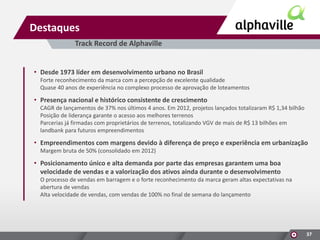 Destaques
Track Record de Alphaville

• Desde 1973 líder em desenvolvimento urbano no Brasil
Forte reconhecimento da marca com a percepção de excelente qualidade
Quase 40 anos de experiência no complexo processo de aprovação de loteamentos

• Presença nacional e histórico consistente de crescimento
CAGR de lançamentos de 37% nos últimos 4 anos. Em 2012, projetos lançados totalizaram R$ 1,34 bilhão
Posição de liderança garante o acesso aos melhores terrenos
Parcerias já firmadas com proprietários de terrenos, totalizando VGV de mais de R$ 13 bilhões em
landbank para futuros empreendimentos

• Empreendimentos com margens devido à diferença de preço e experiência em urbanização
Margem bruta de 50% (consolidado em 2012)

• Posicionamento único e alta demanda por parte das empresas garantem uma boa
velocidade de vendas e a valorização dos ativos ainda durante o desenvolvimento
O processo de vendas em barragem e o forte reconhecimento da marca geram altas expectativas na
abertura de vendas
Alta velocidade de vendas, com vendas de 100% no final de semana do lançamento

37

 