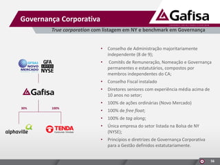 Governança Corporativa
True corporation com listagem em NY e benchmark em Governança
•
•

Conselho Fiscal instalado

•

Diretores seniores com experiência média acima de
10 anos no setor;

•
100%

Comitês de Remuneração, Nomeação e Governança
permanentes e estatutários, compostos por
membros independentes do CA;

•

30%

Conselho de Administração majoritariamente
independente (8 de 9);

100% de ações ordinárias (Novo Mercado)

•

100% de free float;

•

100% de tag along;

•

Única empresa do setor listada na Bolsa de NY
(NYSE);

•

Princípios e diretrizes de Governança Corporativa
para a Gestão definidos estatutariamente.
56

 
