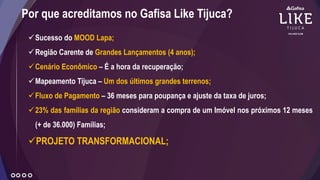 Por que acreditamos no Gafisa Like Tijuca?
Sucesso do MOOD Lapa;
Região Carente de Grandes Lançamentos (4 anos);
Cenário Econômico – É a hora da recuperação;
Mapeamento Tijuca – Um dos últimos grandes terrenos;
Fluxo de Pagamento – 36 meses para poupança e ajuste da taxa de juros;
23% das famílias da região consideram a compra de um Imóvel nos próximos 12 meses
(+ de 36.000) Famílias;
PROJETO TRANSFORMACIONAL;
 