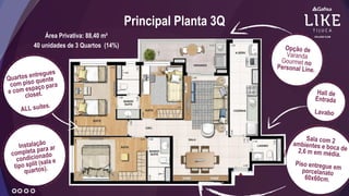 Área Privativa: 88,40 m²
40 unidades de 3 Quartos (14%)
Principal Planta 3Q
 