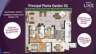 Principal Planta Garden 3Q
Área Privativa: 141,53 m²
2 unidades de Garden com 3
Quartos (1%)
 