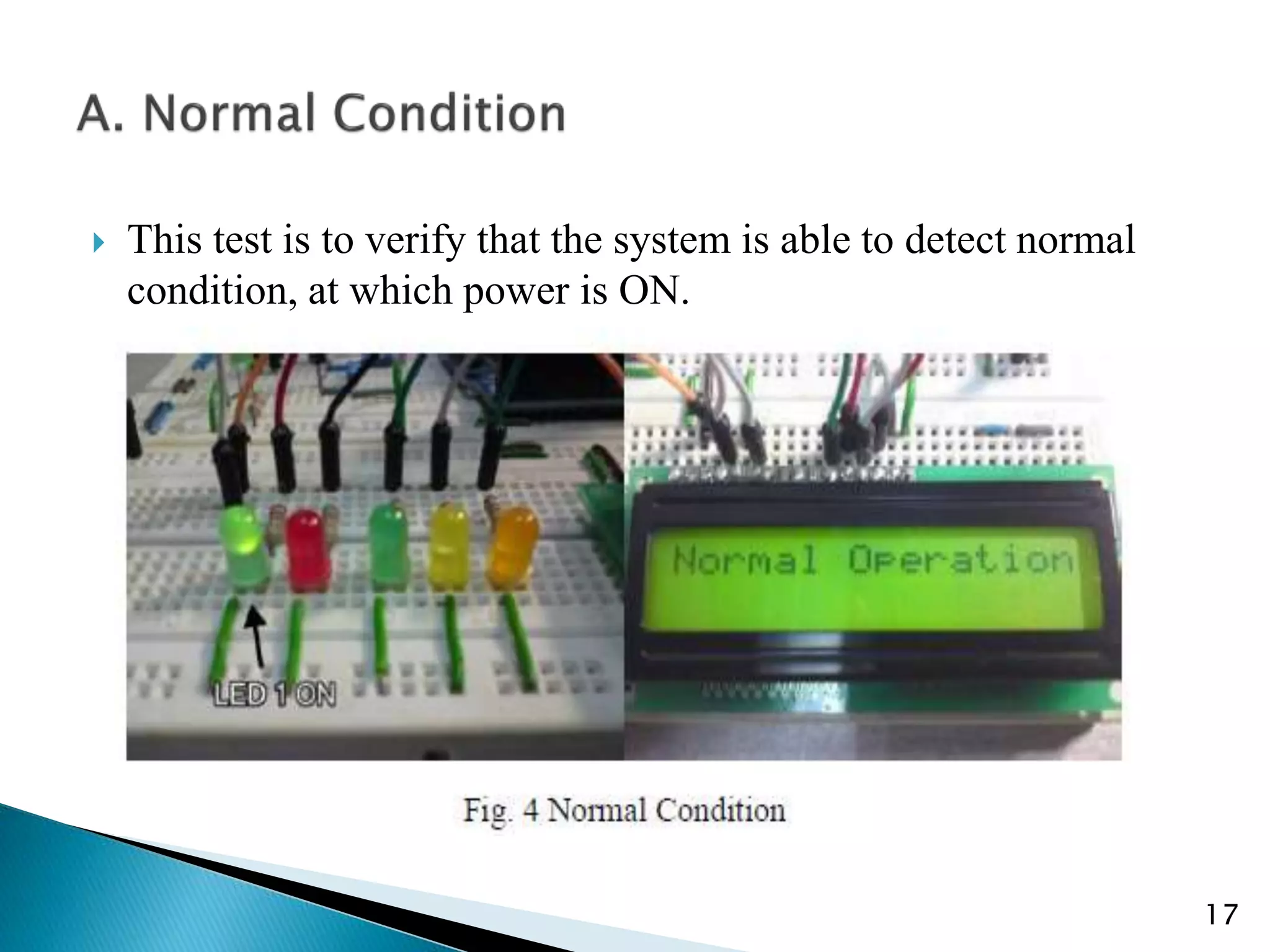  This test is to verify that the system is able to detect normal
condition, at which power is ON.
17
 