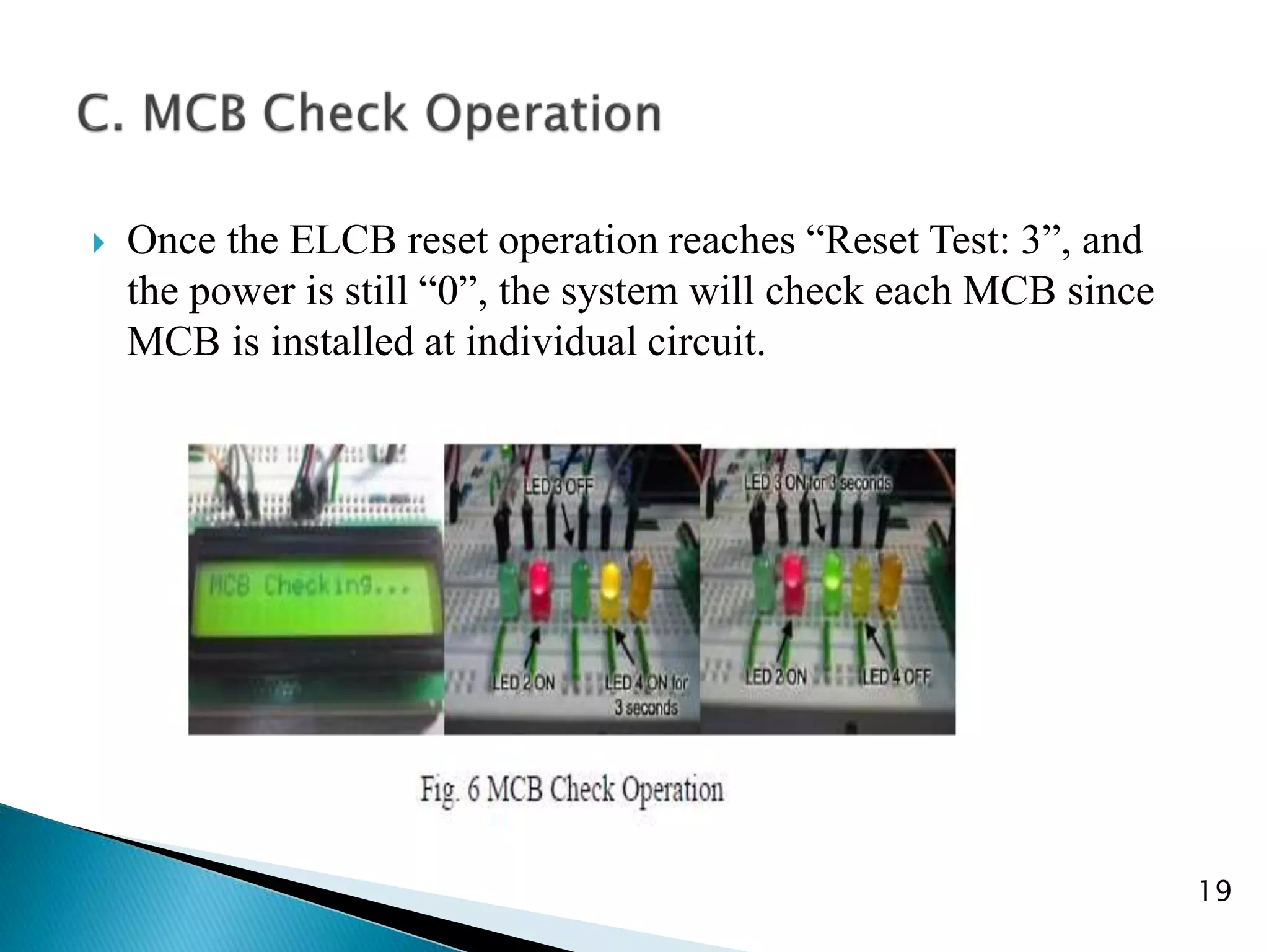  Once the ELCB reset operation reaches “Reset Test: 3”, and
the power is still “0”, the system will check each MCB since
MCB is installed at individual circuit.
19
 