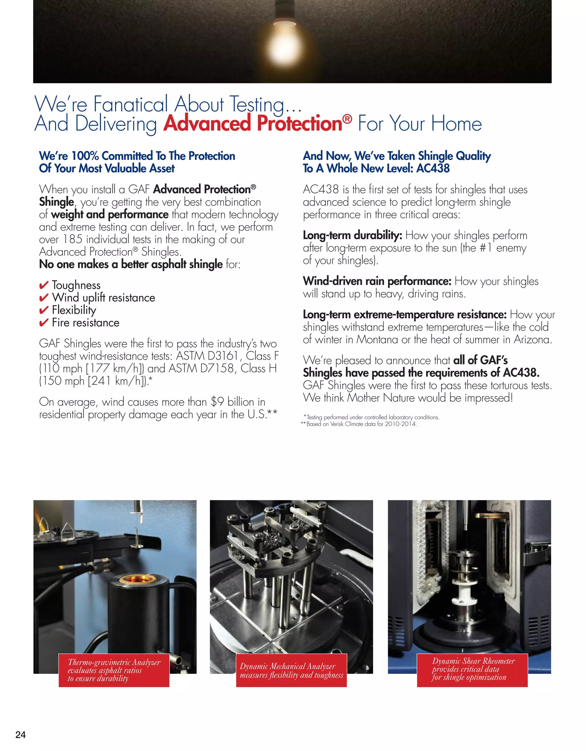 We’re Fanatical About Testing...
And Delivering Advanced Protection®
For Your Home
The­ la
Some p
that asp
are just
(albeit h
roofing
But now
the art o
shingles
with its
Protectio
Utilizing
most ad
manufa
techniqu
any ind
compute
technolo
develop
Shuttle),
most ad
technolo
availab
help pro
Wha
Mea
We’re 100% Committed To The Protection
Of Your Most Valuable Asset
When you install a GAF Advanced Protection®
Shingle, you’re getting the very best combination
of weight and performance that modern technology
and extreme testing can deliver. In fact, we perform
over 185 individual tests in the making of our
Advanced Protection®
Shingles.
No one makes a better asphalt shingle for:
4 Toughness
4 Wind uplift resistance
4 Flexibility
4 Fire resistance
GAF Shingles were the first to pass the industry’s two
toughest wind-resistance tests: ASTM D3161, Class F
(110 mph [177 km/h]) and ASTM D7158, Class H
(150 mph [241 km/h]).*
On average, wind causes more than $9 billion in
residential property damage each year in the U.S.**
And Now, We’ve Taken Shingle Quality
To A Whole New Level: AC438
AC438 is the first set of tests for shingles that uses
advanced science to predict long-term shingle
performance in three critical areas:
Long-term durability: How your shingles perform
after long-term exposure to the sun (the #1 enemy
of your shingles).
Wind-driven rain performance: How your shingles
will stand up to heavy, driving rains.
Long-term extreme-temperature resistance: How your
shingles withstand extreme temperatures—like the cold
of winter in Montana or the heat of summer in Arizona.
We’re pleased to announce that all of GAF’s
Shingles have passed the requirements of AC438.
GAF Shingles were the first to pass these torturous tests.
We think Mother Nature would be impressed!
Thermo-gravimetric Analyzer
evaluates asphalt ratios
to ensure durability
Dynamic Mechanical Analyzer
measures flexibility and toughness
Dynamic Shear Rheometer
provides critical data
for shingle optimization
*Testing performed under controlled laboratory conditions.
**Based on Verisk Climate data for 2010-2014.
24
 