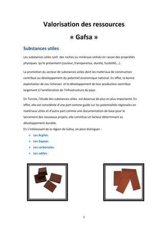 1
Valorisation des ressources
« Gafsa »
Substances utiles
Les substances utiles sont des roches ou minéraux utilisés en raison des propriétés
physiques qu'ils présentent (couleur, transparence, dureté, fusibilité,…).
La promotion du secteur de substances utiles dont les matériaux de construction
contribue au développement du potentiel économique national. En effet, la bonne
exploitation de ces richesses et le développement de leur production contribue
largement à l'amélioration de l'infrastructure du pays.
En Tunisie, l’étude des substances utiles est devenue de plus en plus importante. En
effet, elle est considérée d’une part comme guide sur les potentialités régionales en
matériaux utiles et d’autre part comme une documentation de base pour le
lancement des nouveaux projets, elle constitue un facteur déterminant au
développement durable.
En s’intéressant de la région de Gafsa, on peut distinguer :
 Les Argiles.
 Les Gypses.
 Les carbonates.
 Les sables.
 