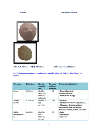 2
Briques Biscuits de faïences.
ARGILE SMECTITIQUE BROYEE ARGILE SMECTITIQUE
Les Principaux minéraux à exploiter dans les délégations de Gafsa et dont l’accès est
facile :
Minéraux Délégations Sites par
rapport à
Gafsa
Réserves
(millions
de tonnes)
Principales utilisations
Gypse Métlaoui Jebel Om
Elkhecheb
30 km au
Sud-ouest
30 - Ciment Portland;
- Ciment ultimax;
- Produits de charge
Sable à
quartz
El Guettar Jebel Attaf
à 15
km à l’est
100 -Verrerie;
- Fonderie: fabrication de moules ;
- Matériaux de construction à
haute résistance mécanique:
Briques isolantes, béton armé aéré.
Sables
feldspathiqu
es
Sidi Aïch Jebel Sidi
Aïch à
54 km au
nord-est
30 - Grès;
- Céramique;
- Verrerie
 