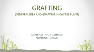 GRAFTING
(GENEREAL IDEA AND GRAFTING IN CACTUS PLANT)
NAME : ALTAFUR RAHMAN
NEPTUNE: UCSSMF
 