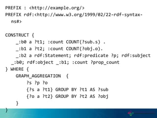 PREFIX : <http://example.org/>
PREFIX rdf:<http://www.w3.org/1999/02/22-rdf-syntax-
ns#>
CONSTRUCT {
_:b0 a ?t1; :count COUNT(?sub.s) .
_:b1 a ?t2; :count COUNT(?obj.o).
_:b2 a rdf:Statement; rdf:predicate ?p; rdf:subject
_:b0; rdf:object _:b1; :count ?prop_count
} WHERE {
GRAPH_AGGREGATION {
?s ?p ?o
{?s a ?t1} GROUP BY ?t1 AS ?sub
{?o a ?t2} GROUP BY ?t2 AS ?obj
}
}
 