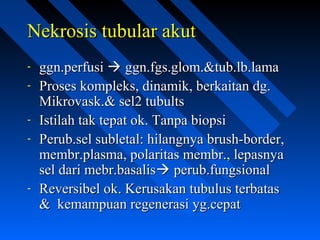 Nekrosis tubular akutNekrosis tubular akut
- ggn.perfusiggn.perfusi  ggn.fgs.glom.&tub.lb.lamaggn.fgs.glom.&tub.lb.lama
- Proses kompleks, dinamik, berkaitan dg.Proses kompleks, dinamik, berkaitan dg.
Mikrovask.& sel2 tubultsMikrovask.& sel2 tubults
- Istilah tak tepat ok. Tanpa biopsiIstilah tak tepat ok. Tanpa biopsi
- Perub.sel subletal: hilangnya brush-border,Perub.sel subletal: hilangnya brush-border,
membr.plasma, polaritas membr., lepasnyamembr.plasma, polaritas membr., lepasnya
sel dari mebr.basalissel dari mebr.basalis perub.fungsionalperub.fungsional
- Reversibel ok. Kerusakan tubulus terbatasReversibel ok. Kerusakan tubulus terbatas
& kemampuan regenerasi yg.cepat& kemampuan regenerasi yg.cepat
 