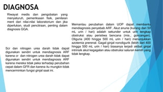 Scr dan nitrogen urea darah tidak dapat
digunakan sendiri untuk mendiagnosis ARF
karena cr dan nitrogen urea darah tidak dapat
digunakan sendiri untuk mendiagnosis ARF
karena mereka tidak peka terhadap perubahan
cepat dalam GFR dan karena itu mungkin tidak
mencerminkan fungsi ginjal saat ini.
Memantau perubahan dalam UOP dapat membantu
mendiagnosis penyebab ARF. Akut anuria (kurang dari 50
mL urin / hari) adalah sekunder untuk urin lengkap
obstruksi atau peristiwa bencana (mis., goncangan).
Oliguria (400 hingga 500 mL urin / hari) menunjukkan
azotemia prerenal. Gagal ginjal nonoligurik (lebih dari 400
hingga 500 mL urin / hari) biasanya terjadi akibat ginjal
intrinsik akut kegagalan atau obstruksi saluran kemih yang
tidak lengkap.
DIAGNOSA
Riwayat medis dan pengobatan yang
menyeluruh, pemeriksaan fisik, penilaian
ment dari nilai-nilai laboratorium dan jika
diperlukan, studi pencitraan, penting dalam
diagnosis GGA.
 