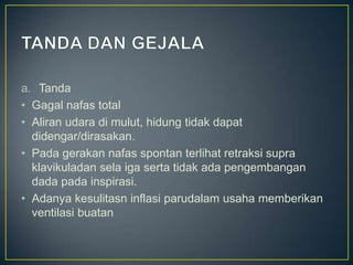 a. Tanda
• Gagal nafas total
• Aliran udara di mulut, hidung tidak dapat
  didengar/dirasakan.
• Pada gerakan nafas spontan terlihat retraksi supra
  klavikuladan sela iga serta tidak ada pengembangan
  dada pada inspirasi.
• Adanya kesulitasn inflasi parudalam usaha memberikan
  ventilasi buatan
 