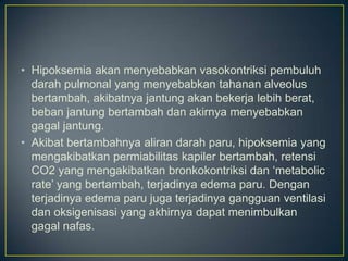 • Hipoksemia akan menyebabkan vasokontriksi pembuluh
  darah pulmonal yang menyebabkan tahanan alveolus
  bertambah, akibatnya jantung akan bekerja lebih berat,
  beban jantung bertambah dan akirnya menyebabkan
  gagal jantung.
• Akibat bertambahnya aliran darah paru, hipoksemia yang
  mengakibatkan permiabilitas kapiler bertambah, retensi
  CO2 yang mengakibatkan bronkokontriksi dan ‘metabolic
  rate’ yang bertambah, terjadinya edema paru. Dengan
  terjadinya edema paru juga terjadinya gangguan ventilasi
  dan oksigenisasi yang akhirnya dapat menimbulkan
  gagal nafas.
 