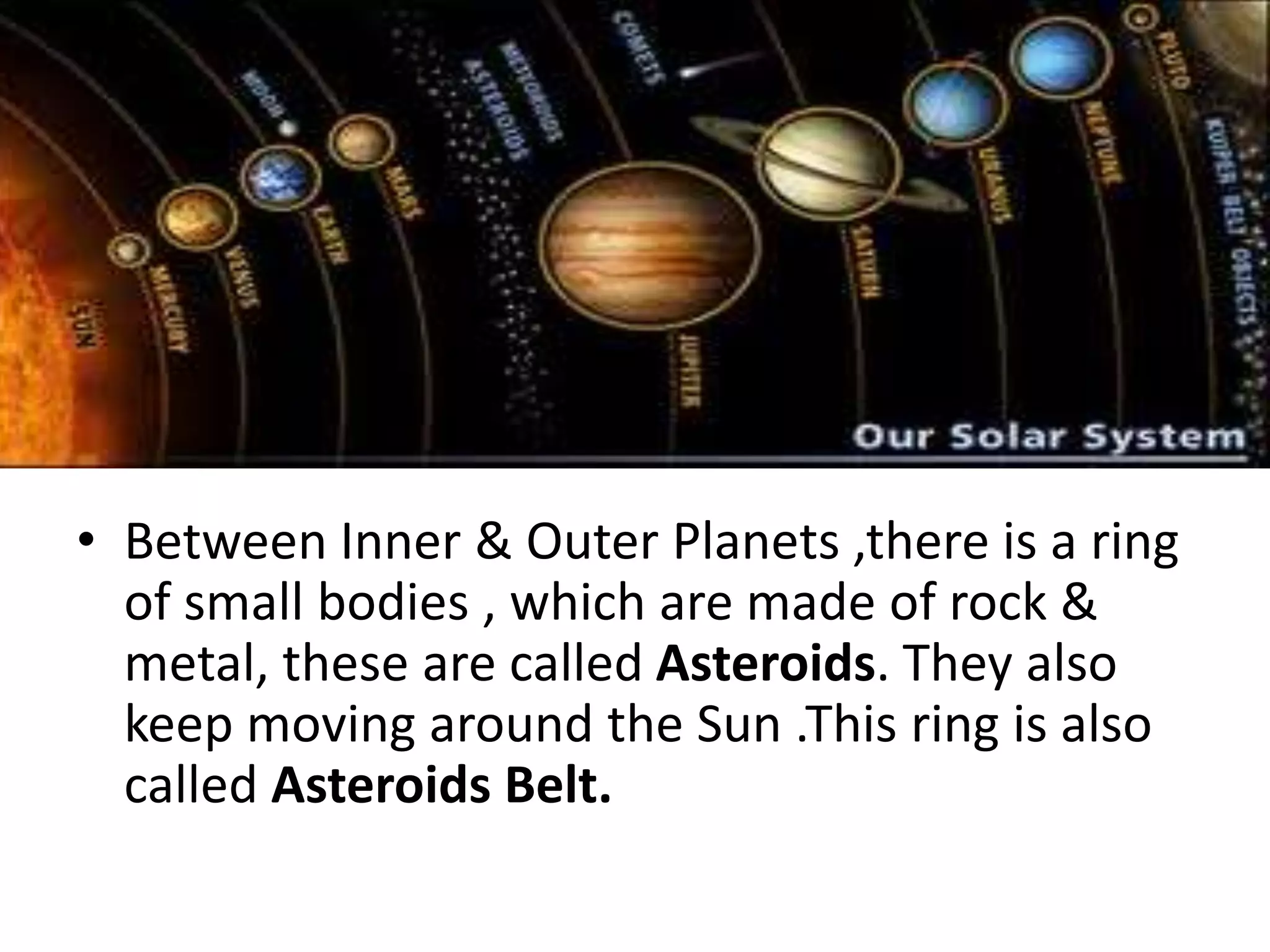 • Between Inner & Outer Planets ,there is a ring 
of small bodies , which are made of rock & 
metal, these are called Asteroids. They also 
keep moving around the Sun .This ring is also 
called Asteroids Belt. 
 