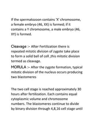 If the spermatozoon contains 'X' chromosome,
a female embryo (46, XX) is formed; if it
contains a Y chromosome, a male embryo (46,
XY) is formed.
Cleavage :- After Fertilization there is
repeated mitotic division of zygote take place
to form a solid ball of cell ,this mitotic division
termed as cleavage.
MORULA :- After the zygote formation, typical
mitotic division of the nucleus occurs producing
two blastomeres
The two cell stage is reached approximately 30
hours after fertilization. Each contains equal
cytoplasmic volume and chromosome
numbers. The blastomeres continue to divide
by binary division through 4,8,16 cell stage until
 