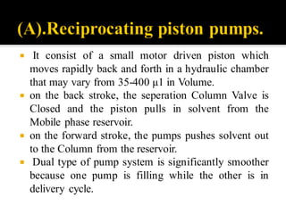  It consist of a small motor driven piston which
moves rapidly back and forth in a hydraulic chamber
that may vary from 35-400 μ1 in Volume.
 on the back stroke, the seperation Column Valve is
Closed and the piston pulls in solvent from the
Mobile phase reservoir.
 on the forward stroke, the pumps pushes solvent out
to the Column from the reservoir.
 Dual type of pump system is significantly smoother
because one pump is filling while the other is in
delivery cycle.
 
