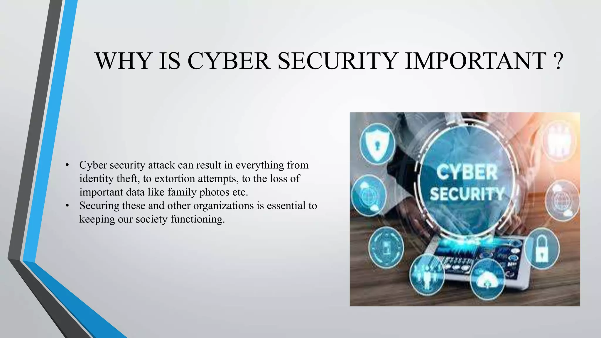 WHY IS CYBER SECURITY IMPORTANT ?
• Cyber security attack can result in everything from
identity theft, to extortion attempts, to the loss of
important data like family photos etc.
• Securing these and other organizations is essential to
keeping our society functioning.
 