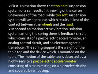 First animation shows that too hard suspension
system of a car results in throwing of the car on
unevenness of the road, while too soft suspension
system will swing the car, which results in lost of the
contact between the wheels and the road.
In second animation active vibration isolation
system among the spring there is feedback circuit
which consists of a piezoelectric accelerometer, an
analog control circuit, and an electromagnetic
transducer.The spring supports the weight of the
table top and the device which is mounted on the
table.The motion of the table top is detected by a
highly sensitive piezoelectric accelerometer
consisting of a mass resting on a piezoelectric disc
and covered by a housing.
 