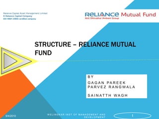 STRUCTURE – RELIANCE MUTUAL FUND By 	 Gagan Pareek             Parvez Rangwala	                Sainatth Wagh 1/1/2010 Welingkar Inst of Management and Development 1 