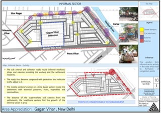 INFORMAL SECTOR Key Map
Legend
10INFROMAL
SECTOR
Chandani Lohani
Dhanya Poduval
Karman Kaur Sethi
Rovin Kashyap
Master of Planning
First Semester Integrated
School of Planning and
Architecture,
New Delhi
Area Appreciation: Gagan Vihar , New Delhi
Street Vendors
Car Mechanic
Eateries
Eateries
• The distance of the supermarkets and eateries from the
settlements, the healthcare centers hint the growth of the
informal sector in area.
• The sub arterial and collector roads house informal mechanic
shops and eateries providing the workers and the settlement
residents.
• The roads thus become congested with pedestrian and vehicular
traffic added to it.
• The mobile vendors function on a time based pattern inside the
settlement with essential groceries, fruits, vegetables and
commodities.
POINTS OF CONGESTION DUE TO ENCROACHMENT
Map : Informal Sector - Activity
Inference
The vendors form
informal sector activity
in the area which lead
to formation of
congestion points
50m 100m
 