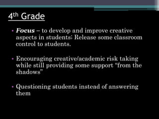 4th Grade
• Focus – to develop and improve creative
aspects in students; Release some classroom
control to students.
• Encouraging creative/academic risk taking
while still providing some support “from the
shadows”
• Questioning students instead of answering
them
 