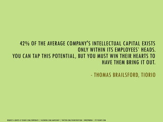 42% OF THE AVERAGE COMPANY'S INTELLECTUAL CAPITAL EXISTS
ONLY WITHIN ITS EMPLOYEES’ HEADS.
YOU CAN TAP THIS POTENTIAL, BUT YOU MUST WIN THEIR HEARTS TO
HAVE THEM BRING IT OUT.
- THOMAS BRAILSFORD, TIORIO
REQUEST A QUOTE AT TUSHKY.COM/CORPORATE | FACEBOOK.COM/IAMTUSHKY | TWITTER.COM/TUSHKYDOTCOM | 09022988961 | © TUSHKY.COM
 