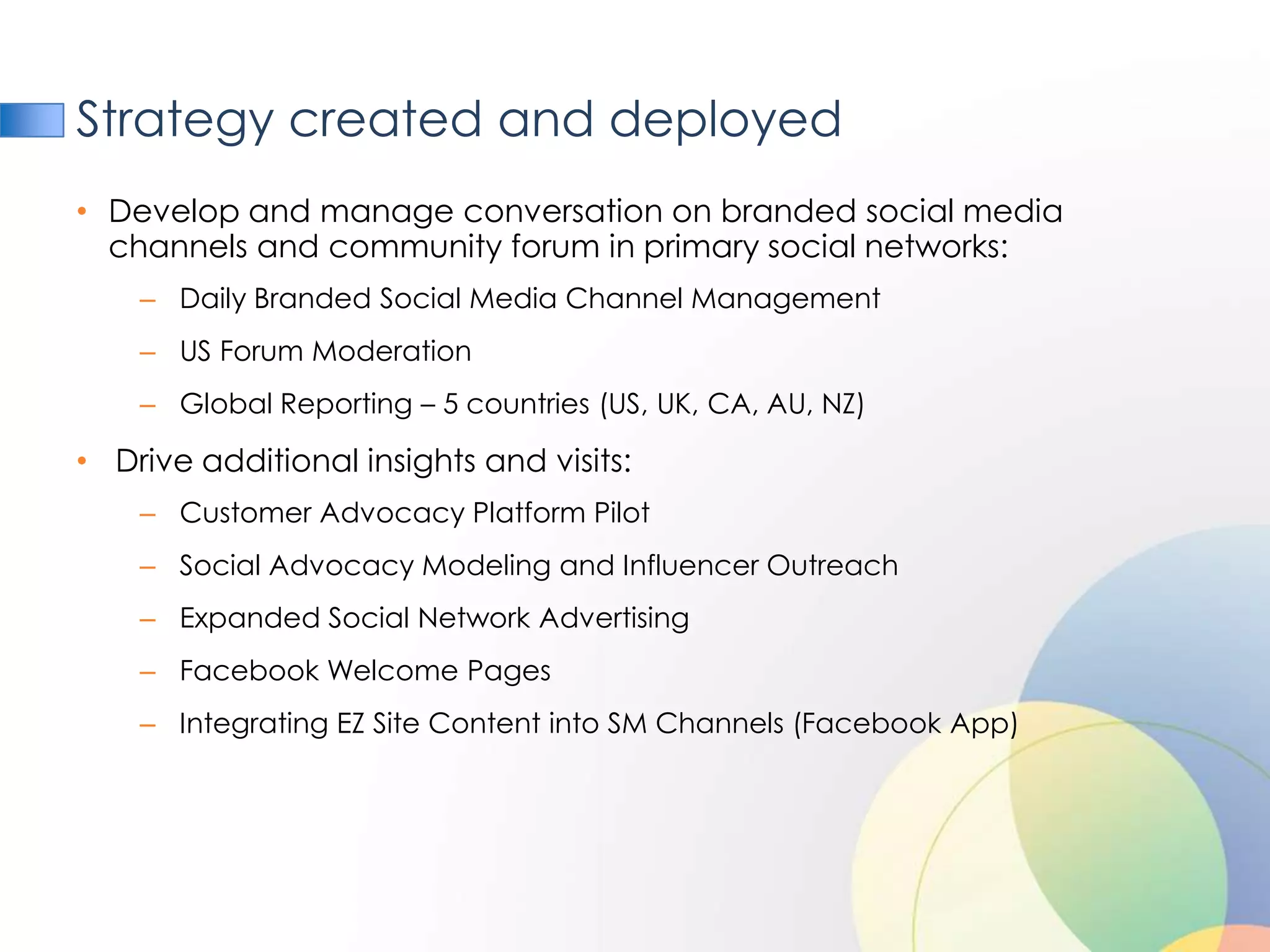 Strategy created and deployed
• Develop and manage conversation on branded social media
  channels and community forum in primary social networks:
    – Daily Branded Social Media Channel Management
    – US Forum Moderation
    – Global Reporting – 5 countries (US, UK, CA, AU, NZ)

• Drive additional insights and visits:
    – Customer Advocacy Platform Pilot
    – Social Advocacy Modeling and Influencer Outreach
    – Expanded Social Network Advertising
    – Facebook Welcome Pages
    – Integrating EZ Site Content into SM Channels (Facebook App)
 