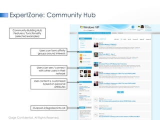 ExpertZone: Community Hub

   Community-Building Hub
   Features / Functionality
    (selected examples)




                        Users can form affinity
                       groups around interests




                      Users can see / connect
                       with other users in their
                                      network


                    User content is customized
                           based on personal
                                      attributes




                   Outposts integrated into UX


Gage Confidential. All Rights Reserved.
 