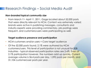 Research Findings – Social Media Audit
Non-branded topical community size
• From March 11- April 11, 2011, Gage located about 52,000 posts
  that were directly relevant to HCM. Content was extremely varied:
  brands were active in publishing messages, consultants and
  industry experts were providing commentary, job postings were
  frequent, and customers/users were participating as well.


  Target audience presence and participation
• HCM customers and/or users = Core target audience
• Of the 52,000 posts found, 2.1% were authored by HCM
  customers/users. This level of participation is not unusual for B2B
  industries - typical observed participation rates are 2-6%. Even at
  2.1% participation however, the numbers add up quickly. Current
  average volume is 36.4 posts per day, 1,092 posts per month, and
  31,104 customer/user posts per year.
 