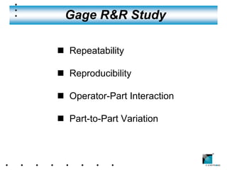 Gage R&R Study

n Repeatability

n Reproducibility

n Operator-Part Interaction

n Part-to-Part Variation


                              ®
 