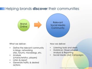 Helping brands discover their communities


                                              Relevant
            Brand
                                            Social Media
            Online
                                             Community




  What we deliver:                      How we deliver:
  •   Define the relevant community     •     Listening tools and alerts
      in blogs, networking              •     Statistical, Observational
      sites, forums, microblogs, etc.         Analysis & Reporting
  •   Analyze                           •     Social Media (Ad) Campaigns
      (characteristics, players)
  •   Listen & report
  •   Generate traffic & desired
      actions
                                                   © 2010 Gage Marketing Group. All Rights Reserved.
 