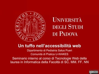 Un tuffo nell’accessibilità web Dipartimento di Pediatria Salus Pueri Comunità di Pratica U-WAKES Seminario interno al corso di Tecnologie Web della laurea in Informatica della Facoltà di SC. MM. FF. NN 