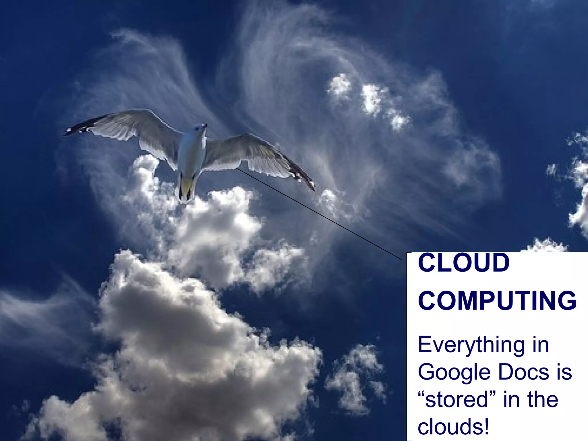 CLOUD COMPUTING Everything in Google Docs is “stored” in the clouds! 