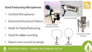 Good Podcasting Microphones
• Cardioid Microphones
• Restricted Directional Pattern
• Made for Radio/Podcasting
• Good for voice recording
• Rejects extra sounds by design
– Audio Technica
ATR2100 USB ($65)
STARTING TOOLS – SIMPLE RECORDING SETUP
– Neumann TLM103
($1,100)
– Heil PR-40 ($330)
 
