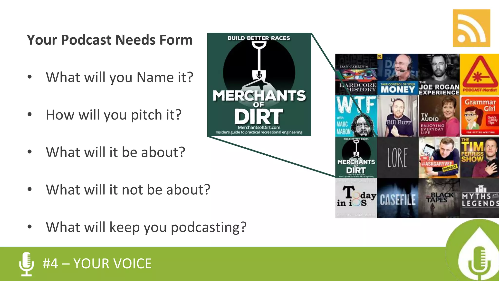 Your Podcast Needs Form
• What will you Name it?
• How will you pitch it?
• What will it be about?
• What will it not be about?
• What will keep you podcasting?
#4 – YOUR VOICE
 