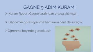 GAGNE 9 ADIM KURAMI
➢ Kuram Robert Gagne tarafından ortaya atılmıştır.
➢ Gagne’ ye göre öğrenme hem ürün hem de süreçtir.
➢Öğrenme beyinde gerçekleşir.
 