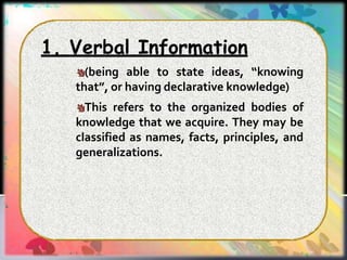 1. Verbal Information
(being able to state ideas, “knowing
that”, or having declarative knowledge)
This refers to the organized bodies of
knowledge that we acquire. They may be
classified as names, facts, principles, and
generalizations.
 
