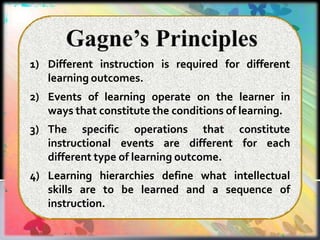 1) Different instruction is required for different
learning outcomes.
2) Events of learning operate on the learner in
ways that constitute the conditions of learning.
3) The specific operations that
instructional events are different
constitute
for each
different type of learning outcome.
4) Learning hierarchies define what intellectual
skills are to be learned and a sequence of
instruction.
 