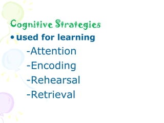Cognitive Strategies   u sed for learning - Attention -Encoding -Rehearsal -Retrieval 