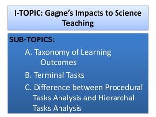 I-TOPIC: Gagne’s Impacts to Science
Teaching
SUB-TOPICS:
A. Taxonomy of Learning
Outcomes
B. Terminal Tasks
C. Difference between Procedural
Tasks Analysis and Hierarchal
Tasks Analysis
 