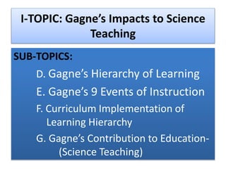 I-TOPIC: Gagne’s Impacts to Science
Teaching
SUB-TOPICS:
D. Gagne’s Hierarchy of Learning
E. Gagne’s 9 Events of Instruction
F. Curriculum Implementation of
Learning Hierarchy
G. Gagne’s Contribution to Education-
(Science Teaching)
 
