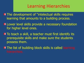 The development of “intelectual skills requires
learning that amounts to a building process.
Lower level skills provide a necessary foundation
for higher level ones.
To teach a skill, a teacher must first identify its
prerequisite skills and make sure the students
possess them.
The list of building block skills is called learning
hierarchies.
Learning Hierarchies
 