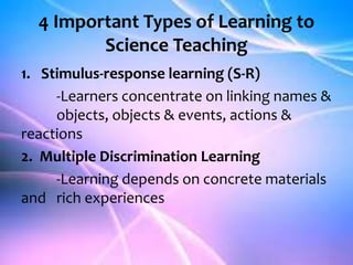 4 Important Types of Learning to
Science Teaching
1. Stimulus-response learning (S-R)
-Learners concentrate on linking names &
objects, objects & events, actions &
reactions
2. Multiple Discrimination Learning
-Learning depends on concrete materials
and rich experiences
 