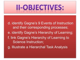 d. identify Gagne’s 9 Events of Instruction
and their corresponding processes;
e. identify Gagne’s Hierarchy of Learning;
f. link Gagne’s Hierarchy of Learning to
Science Instruction;
g. Illustrate a Hierarchal Task Analysis
 
