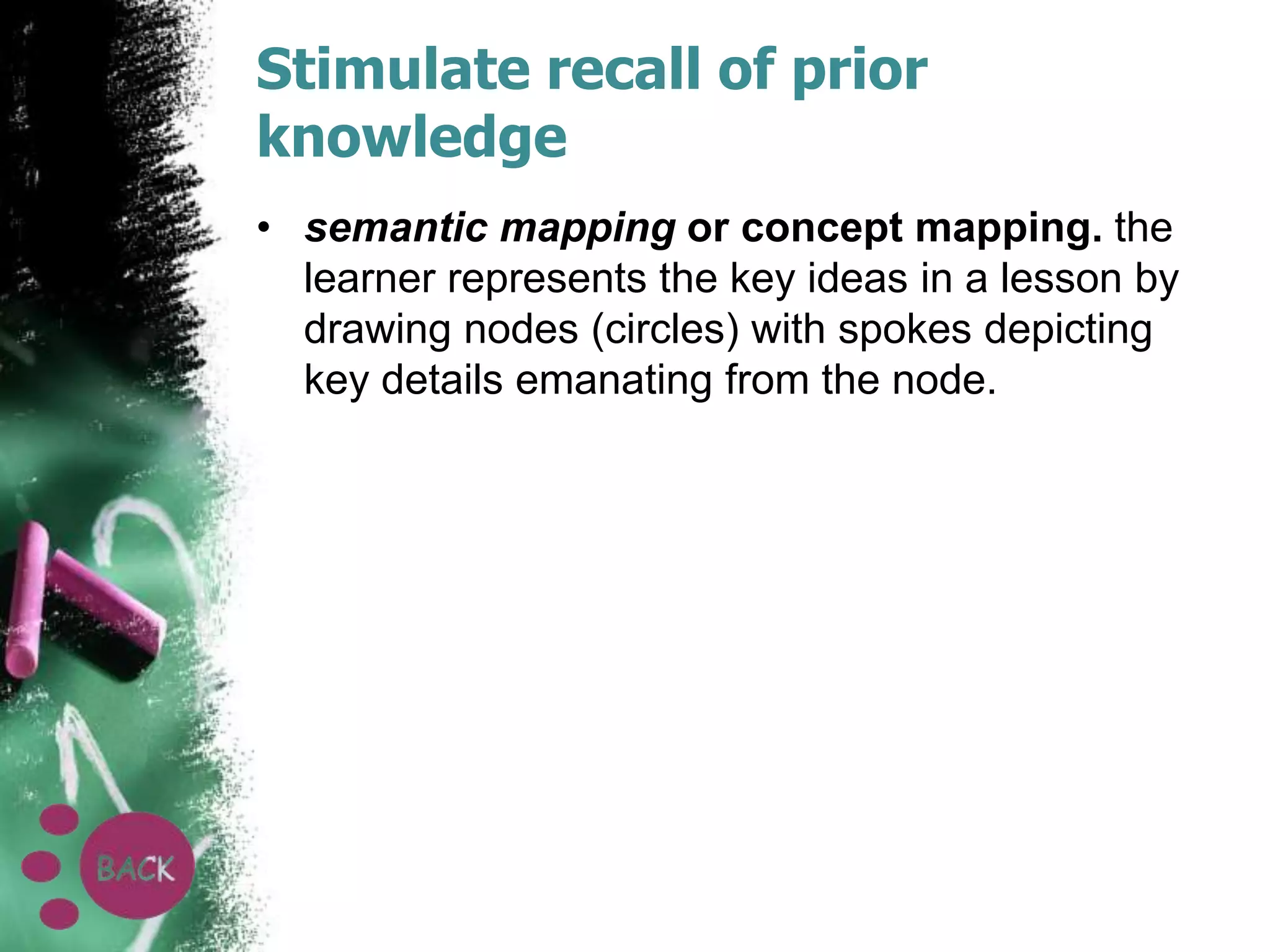 Stimulate recall of prior
knowledge
• semantic mapping or concept mapping. the
learner represents the key ideas in a lesson by
drawing nodes (circles) with spokes depicting
key details emanating from the node.

 