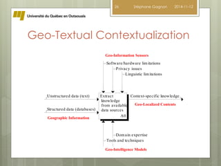 26 Stéphane Gagnon 2014-11-12 
Geo-Textual Contextualization 
Geo-Information Sensors 
Software/hardware limitations 
Privacy issues 
Linguistic limitations 
Extract 
knowledge 
from available 
data sources 
A0 
Unstructured data (text) 
Structured data (databases) 
Context-specific knowledge 
Geo-Localized Contents 
Domain expertise 
Tools and techniques 
Geographic Information 
Geo-Intelligence Models 
 