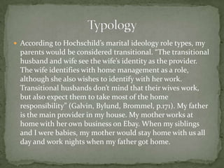  According to Hochschild’s marital ideology role types, my
  parents would be considered transitional. “The transitional
  husband and wife see the wife’s identity as the provider.
  The wife identifies with home management as a role,
  although she also wishes to identify with her work.
  Transitional husbands don’t mind that their wives work,
  but also expect them to take most of the home
  responsibility” (Galvin, Bylund, Brommel, p.171). My father
  is the main provider in my house. My mother works at
  home with her own business on Ebay. When my siblings
  and I were babies, my mother would stay home with us all
  day and work nights when my father got home.
 