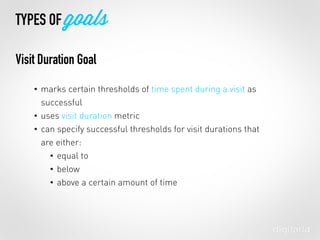 • marks certain thresholds of time spent during a visit as
successful
• uses visit duration metric
• can specify successful thresholds for visit durations that
are either:
• equal to
• below
• above a certain amount of time
TYPES OF goals
Visit Duration Goal
 