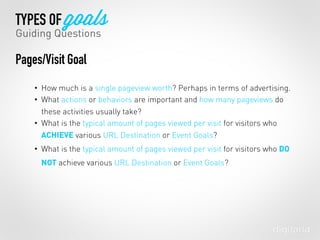 • How much is a single pageview worth? Perhaps in terms of advertising.
• What actions or behaviors are important and how many pageviews do
these activities usually take?
• What is the typical amount of pages viewed per visit for visitors who
ACHIEVE various URL Destination or Event Goals?
• What is the typical amount of pages viewed per visit for visitors who DO
NOT achieve various URL Destination or Event Goals?
TYPES OF goals
Guiding Questions
Pages/Visit Goal
 