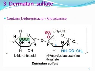 3. Dermatan sulfate
 Contains L-iduronic acid + Glucosamine
13
 